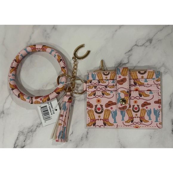 Accessories - Pink Western Cowboy Boot Bangle Keychain Wallet Card Holder with Tassel Charm